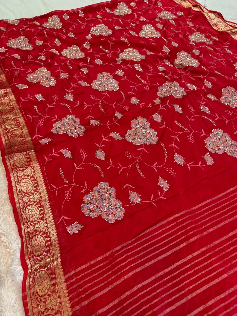 Designer Semi Chinon Saree With Fancy Work