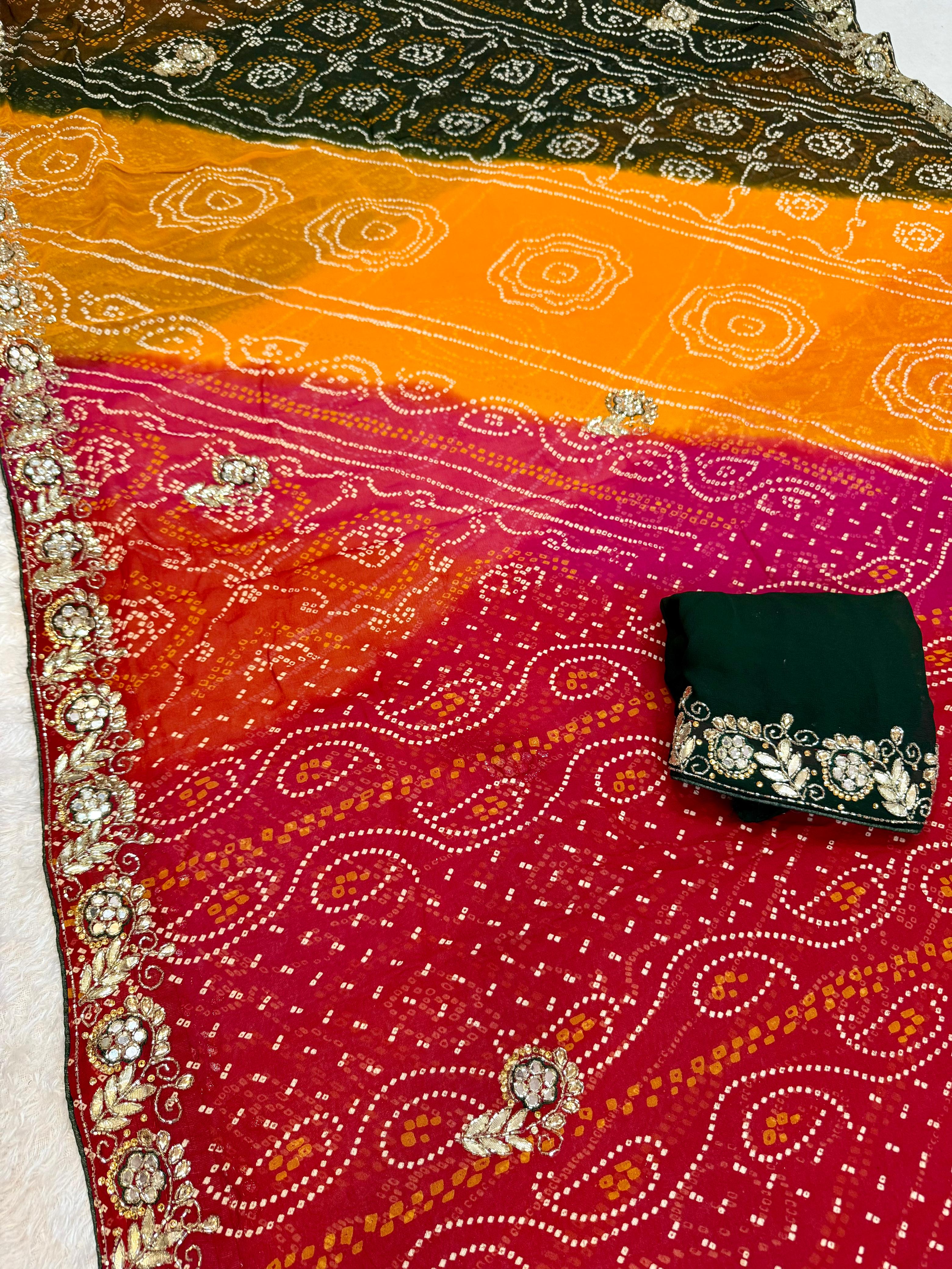 Pure Viscose Georgatte  Bandhej Print Saree With HandWork