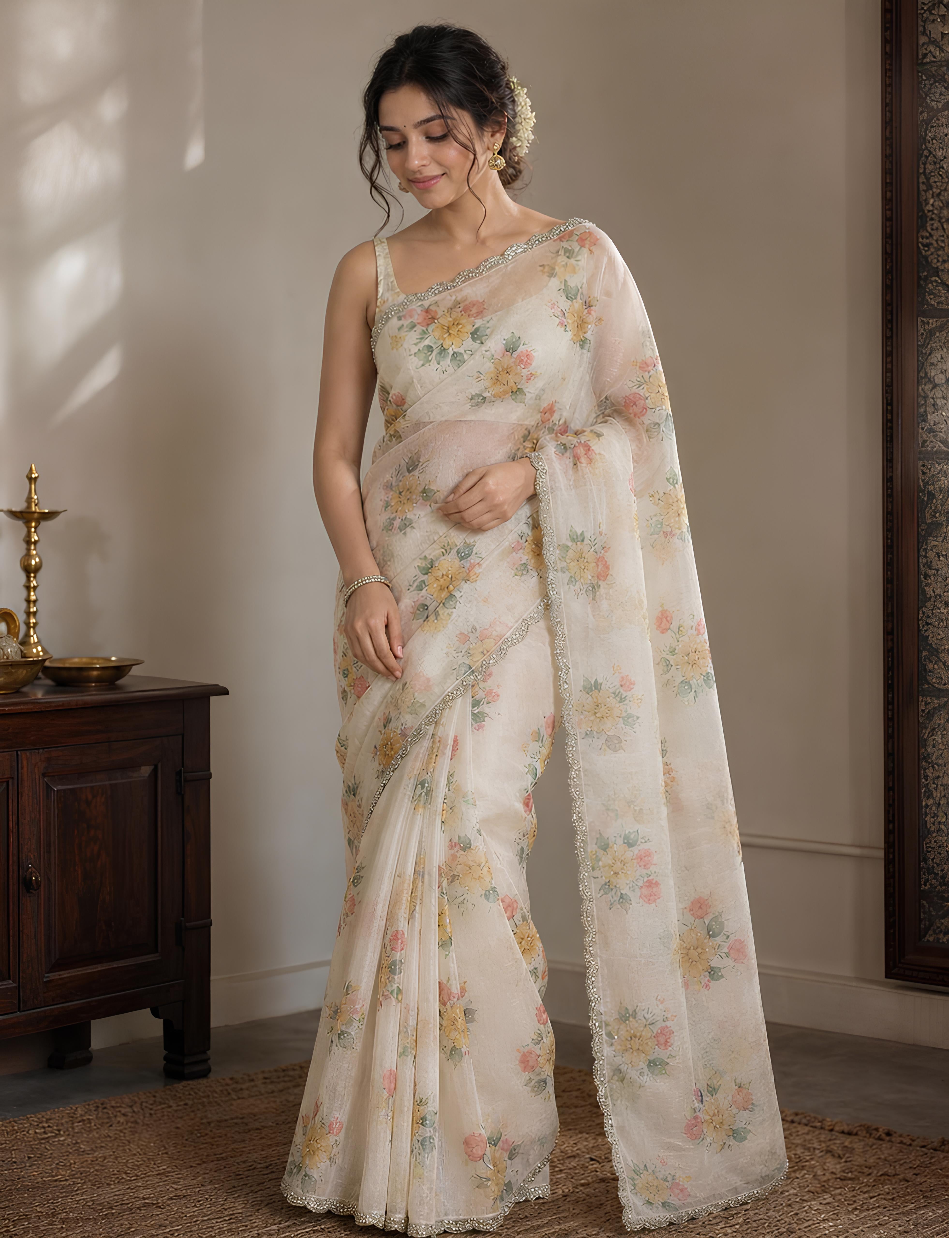 Designer Tissue Saree With floral design