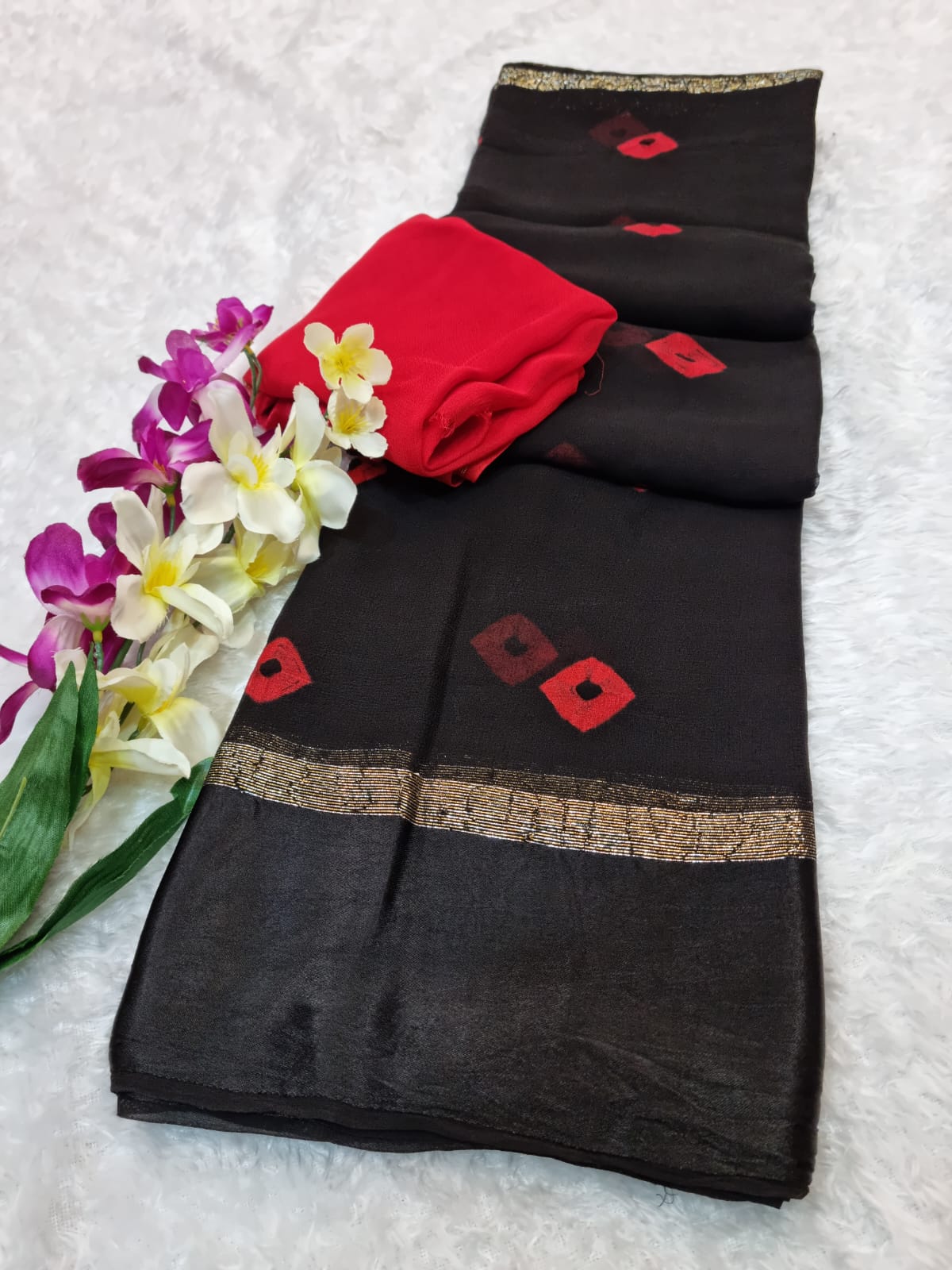 Viscose Georgatte Fabric X Hand Batik Bandhej Saree with Satin Border