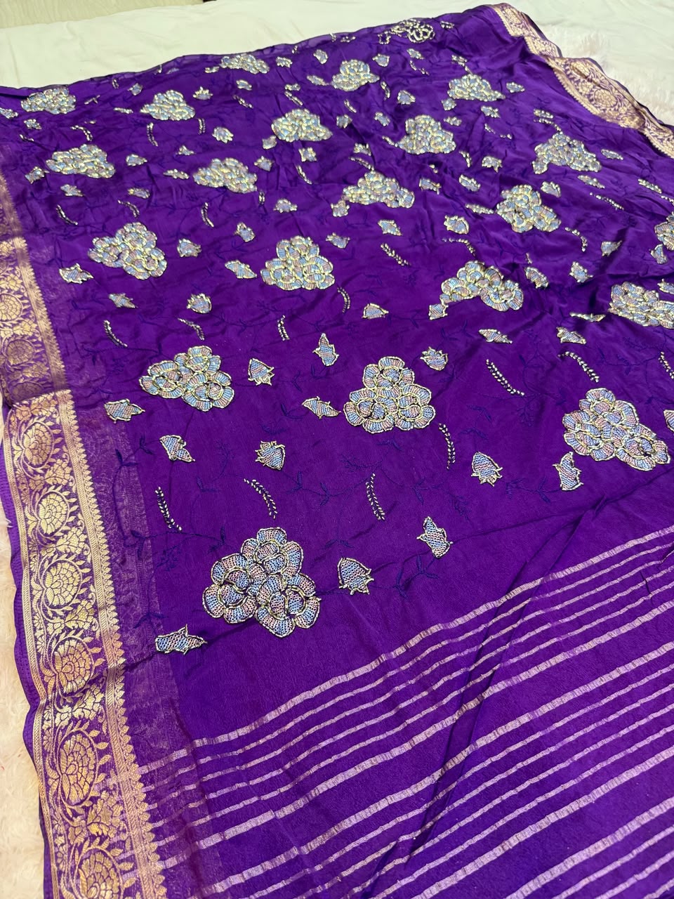 Designer Semi Chinon Saree With Fancy Work