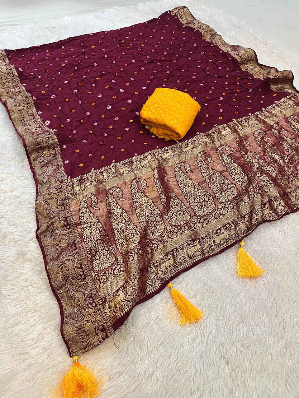 Beautiful Hand Bandhej Saree On Dola Silk Fabric