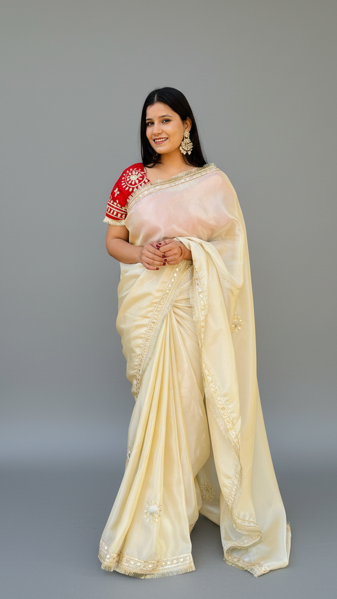 Traditional Pure Cosmos Febric Saree With Beautiful Gottapatti Work