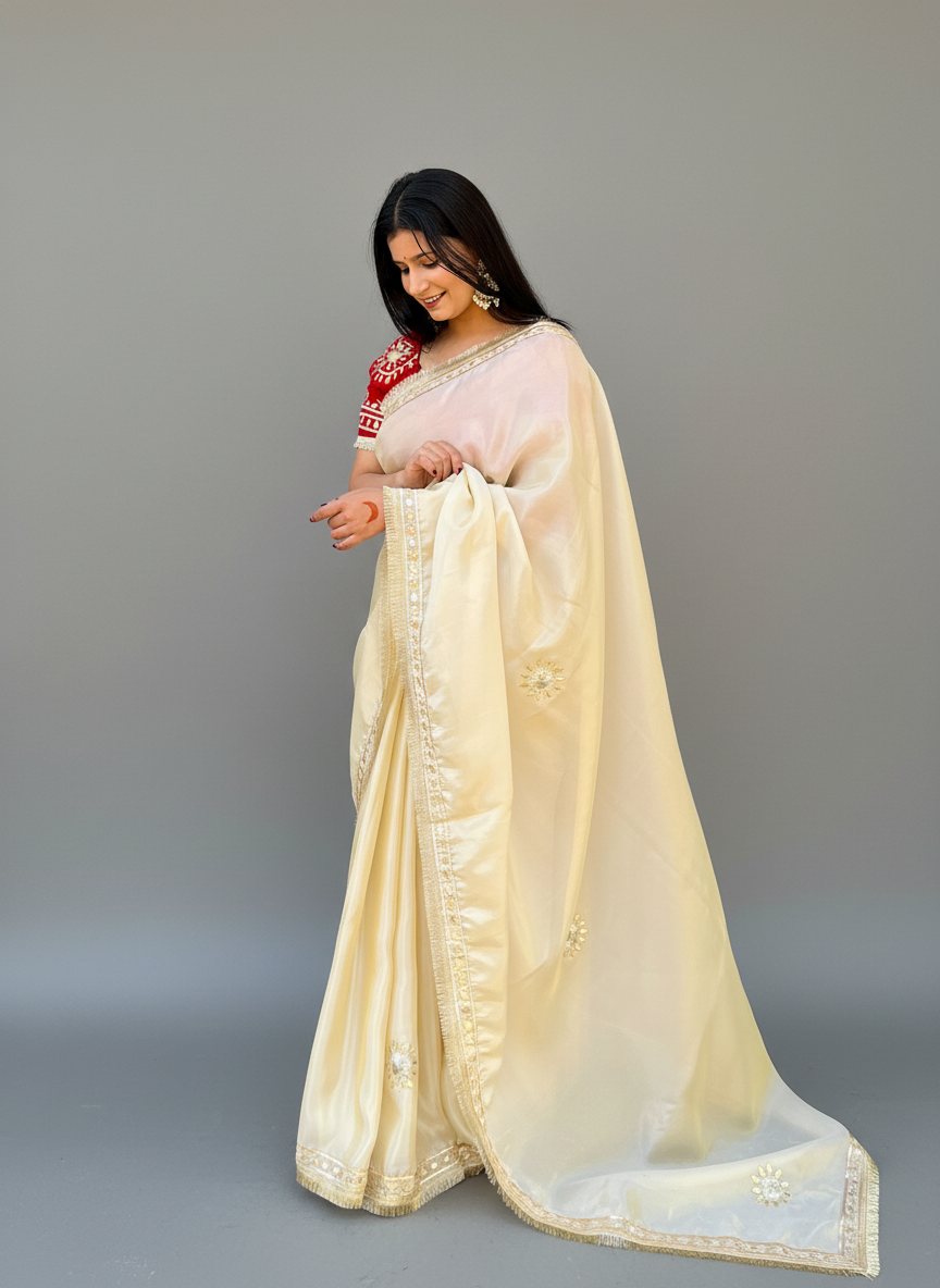 Traditional Pure Cosmos Febric Saree With Beautiful Gottapatti Work