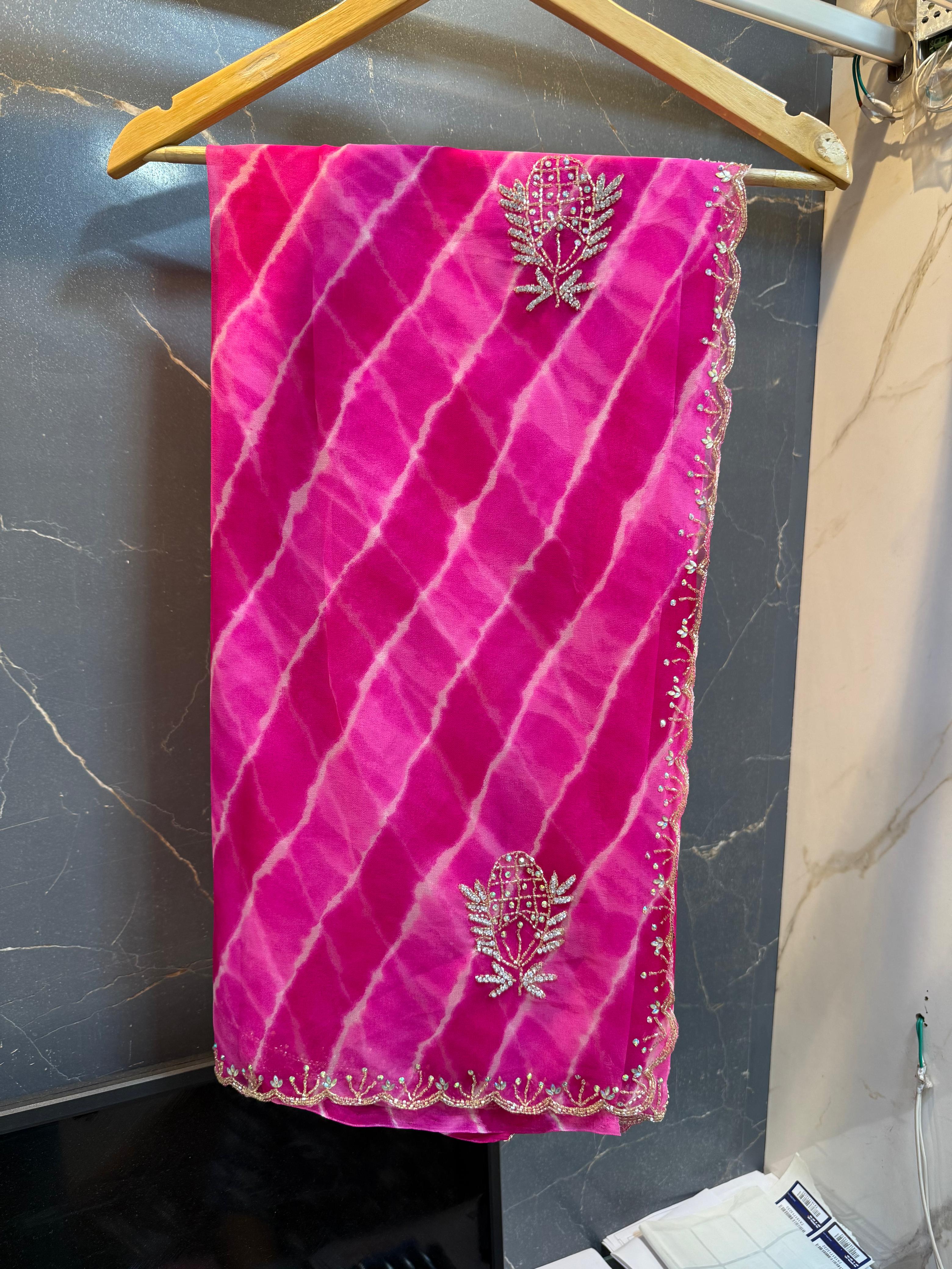 Latest Georgatte Weightless Lahriya Saree With Handwork