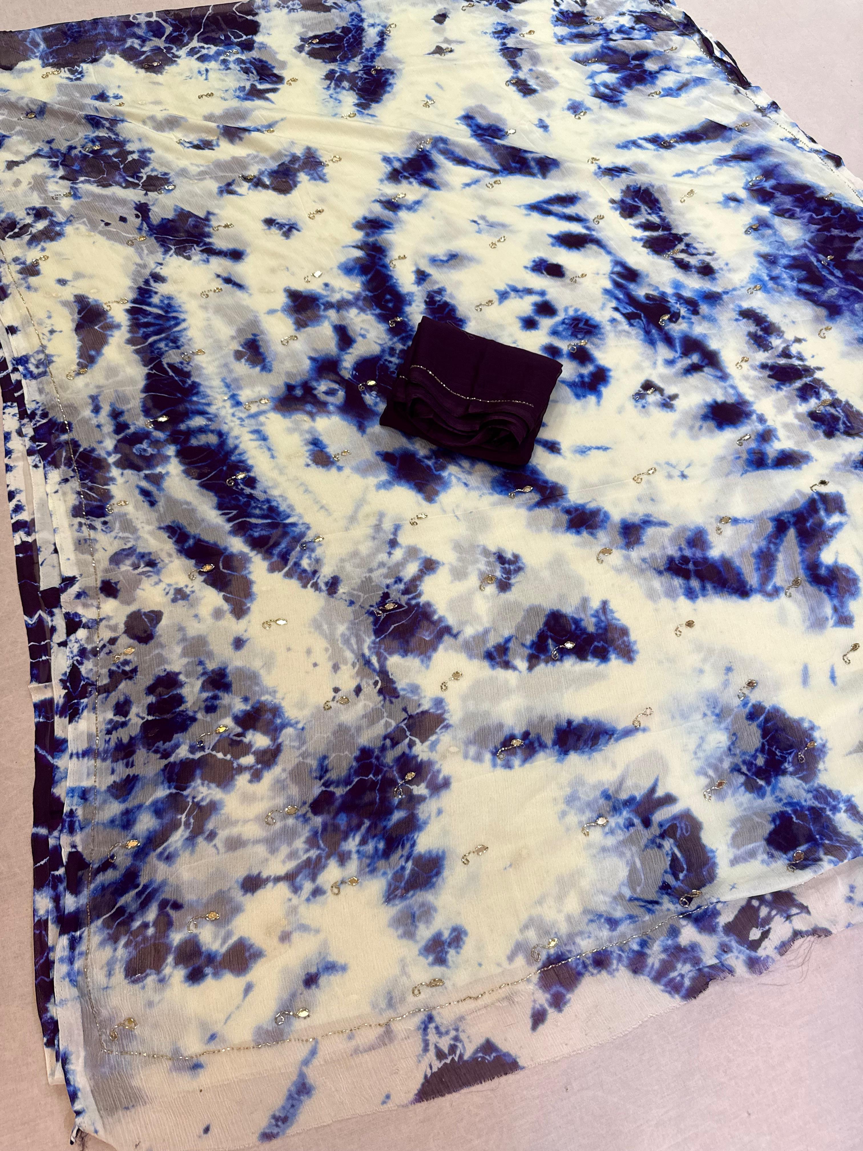 Beautiful Semi Chiffon Tye Dye Saree With Handwork